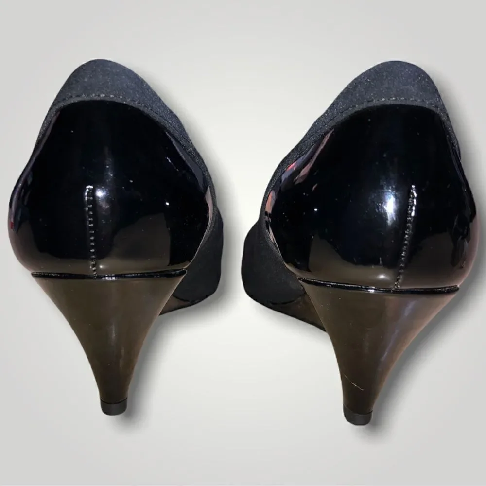 ELLEN TRACY Black Wedge Patent Suede ET Pacer Peep